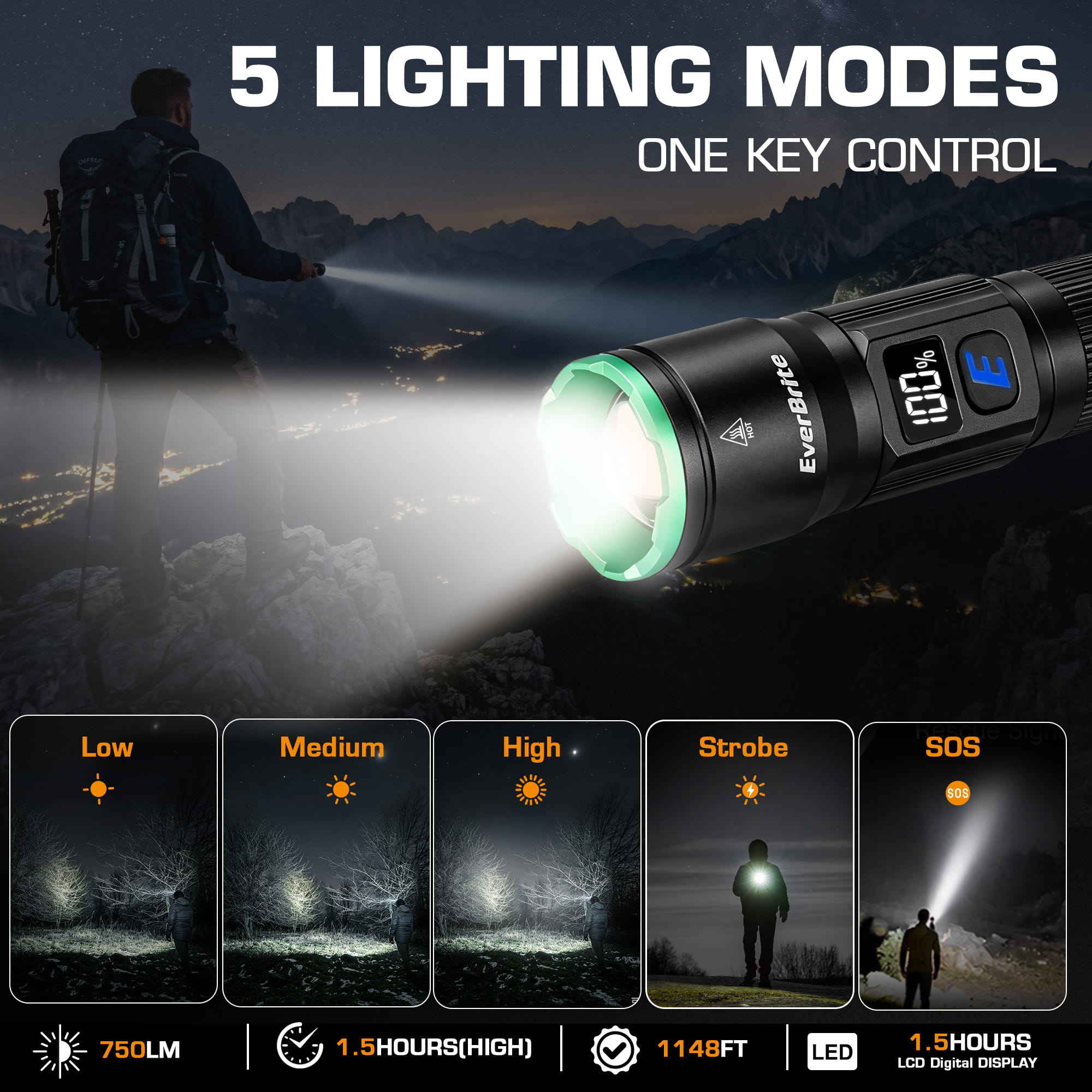EverBrite E012077 Flashlight 5 lighting modes display