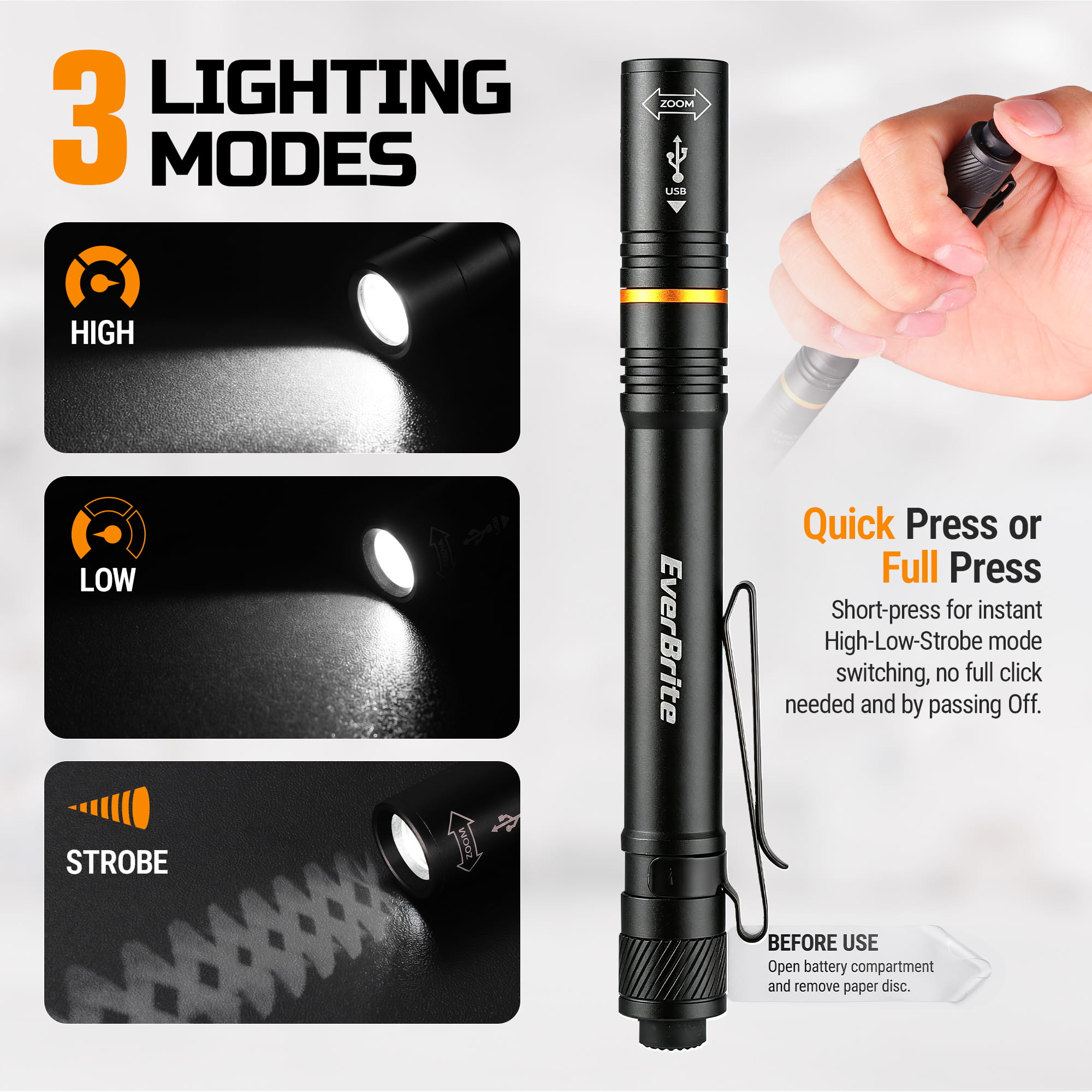 EverBrite E011215 flashlight 3 light modes